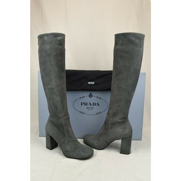 PRADA 1W192F GRAY SUEDE ZIPPER STRETCH TALL KNEE HIGH HEEL BOOTS 40 - Picture 1 of 12